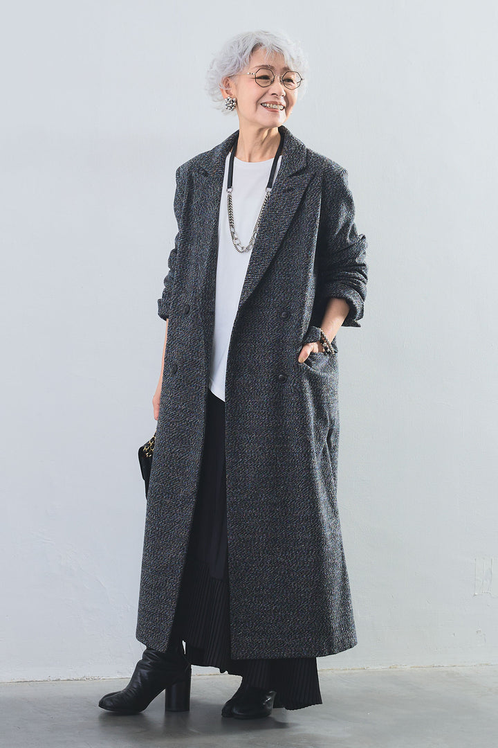 【SET】アシンメトリーロンT+ツイードロングチェスターコート+アシンメトリープリーツスカート(3set)