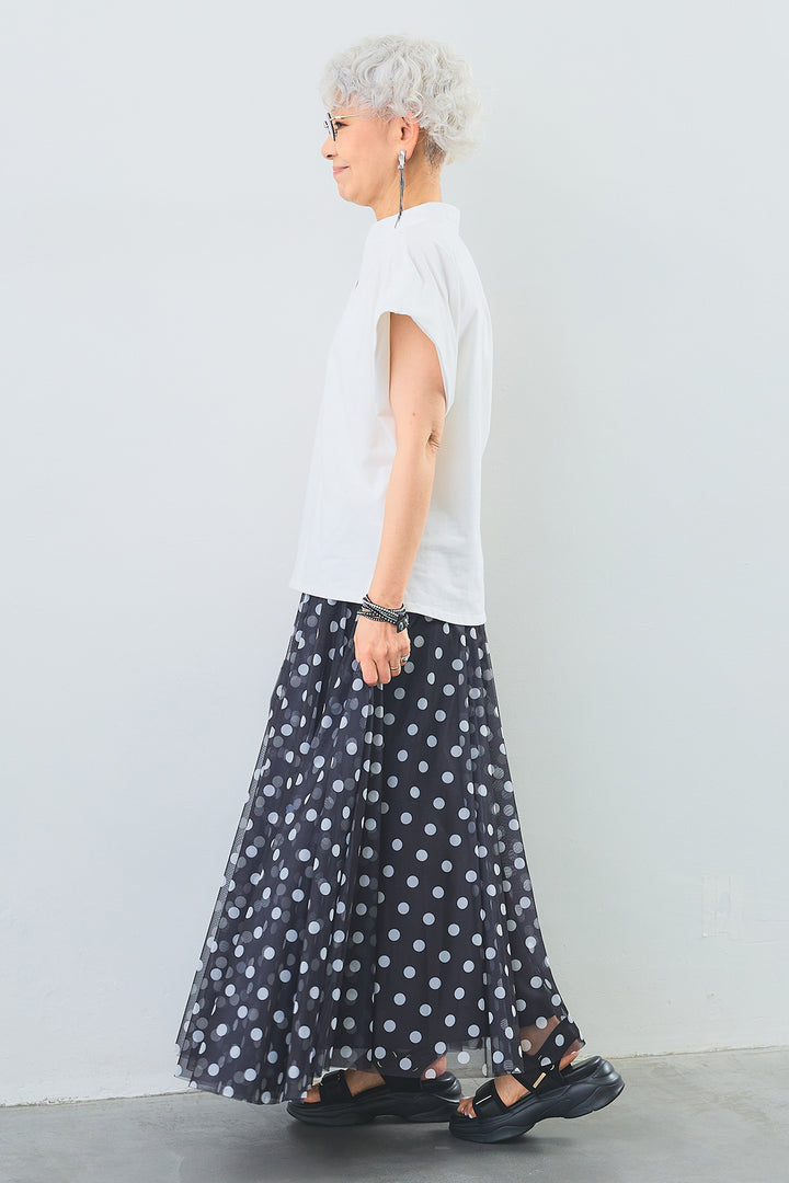 【SET】キーネックボックスシルエットT+ドットチュールフレアスカート(2set)