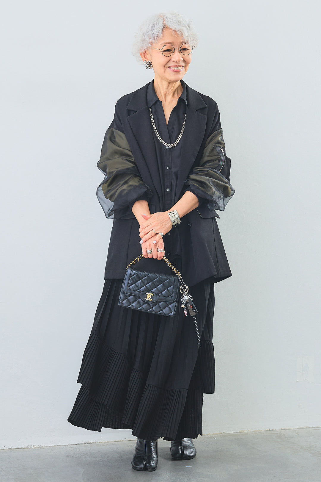 【SET】タックインデザインスキッパーシャツ+チュールレイヤードMA-1ジャケット+アシンメトリーラッフルプリーツスカート(3set)