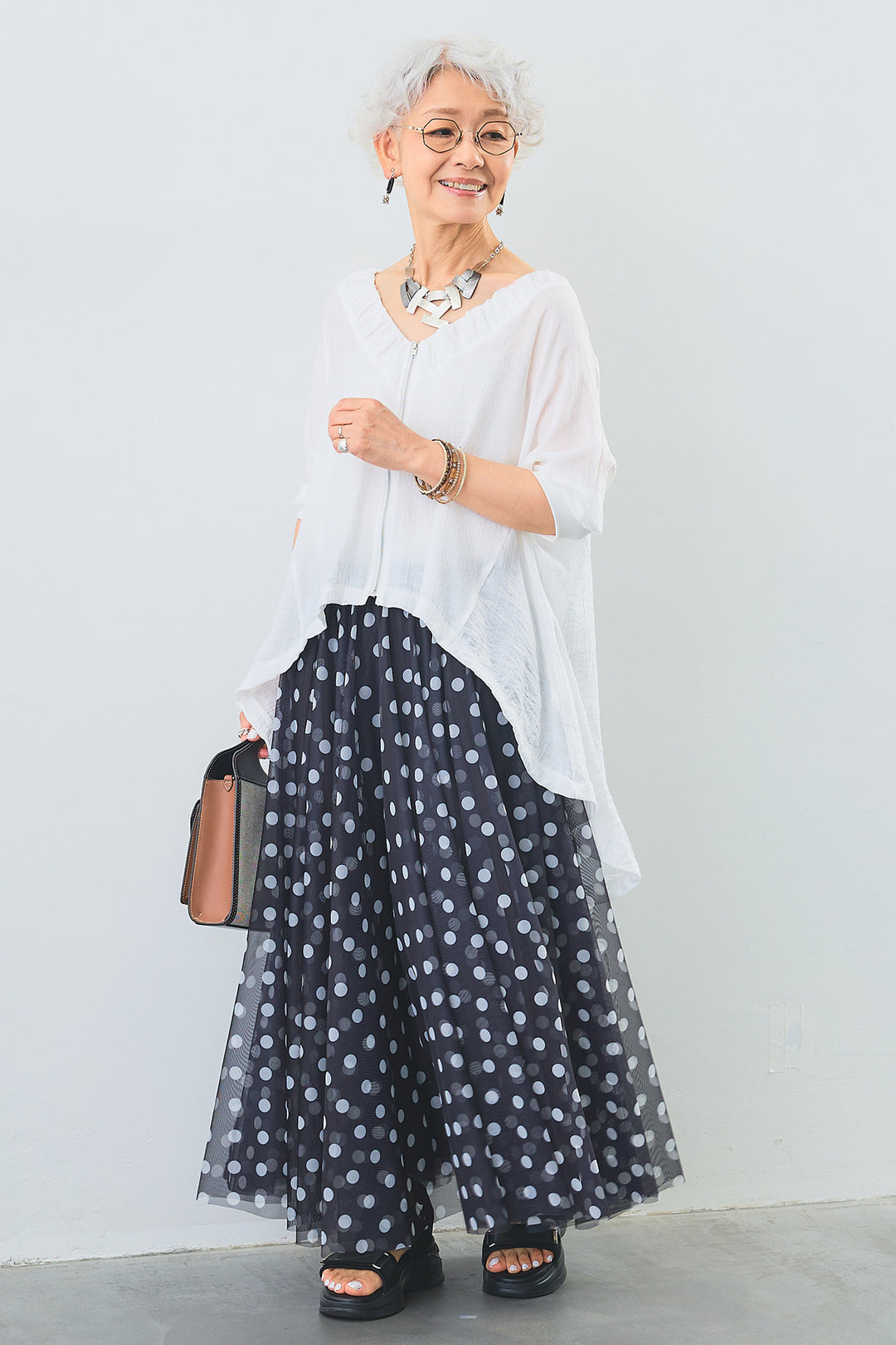 【SET】ギャザーネックロングテールZIPブラウス+ドットチュールフレアスカート(2set)