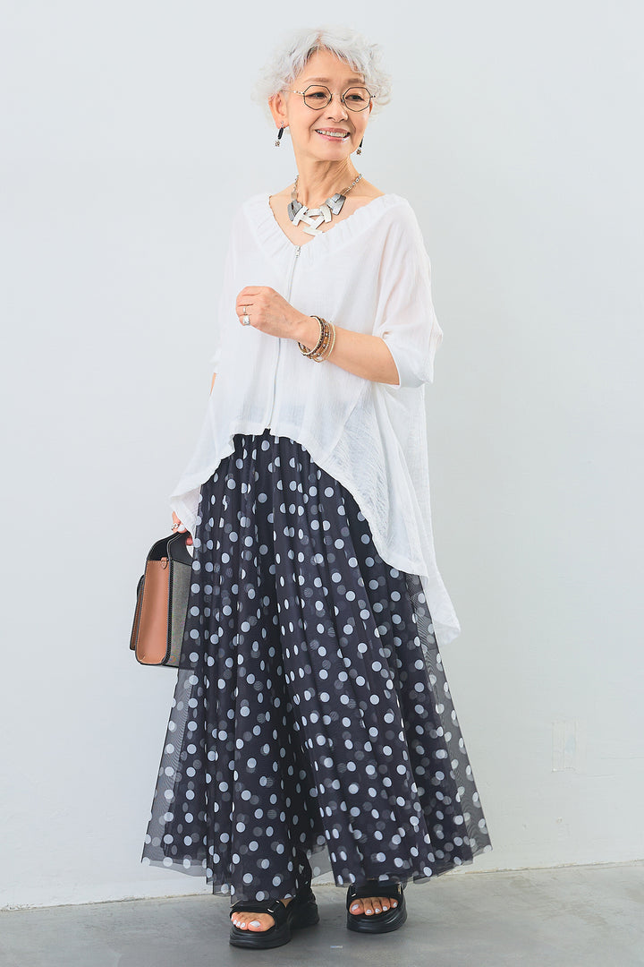 【SET】ギャザーネックロングテールZIPブラウス+ドットチュールフレアスカート(2set)