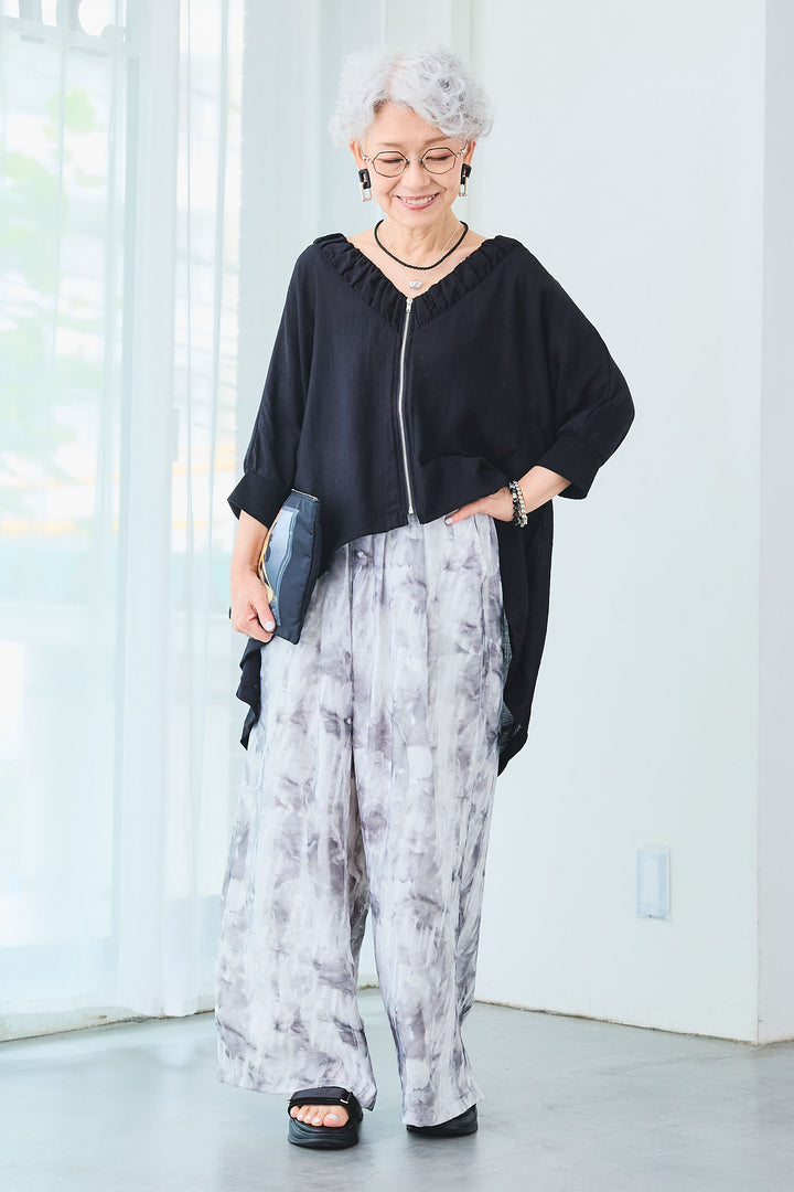 【SET】ギャザーネックロングテールZIPブラウス+ニュアンスカラーダブルタックパンツ(2set)