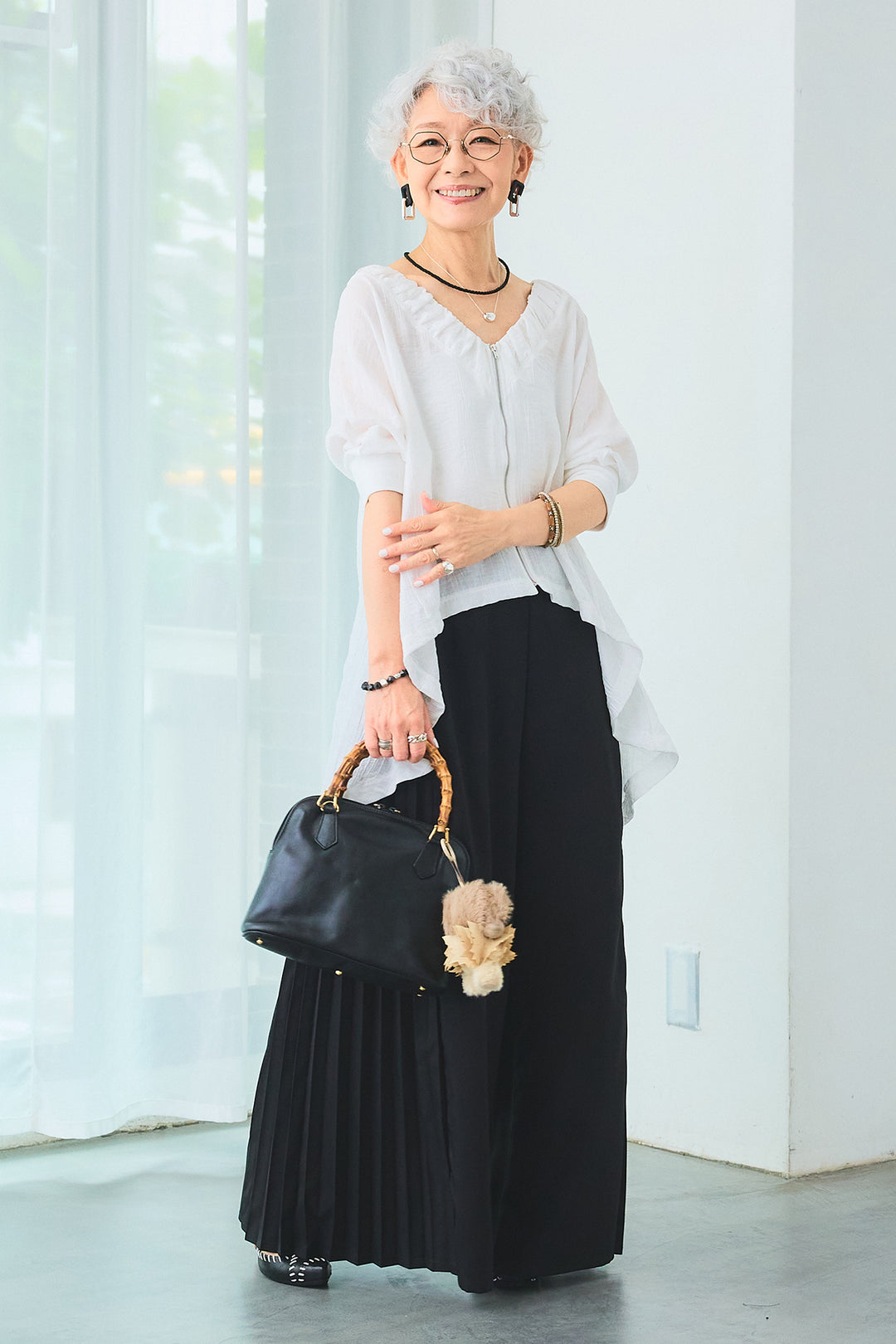 【SET】ギャザーネックロングテールZIPブラウス+サイドプリーツワイドパンツ(2set)