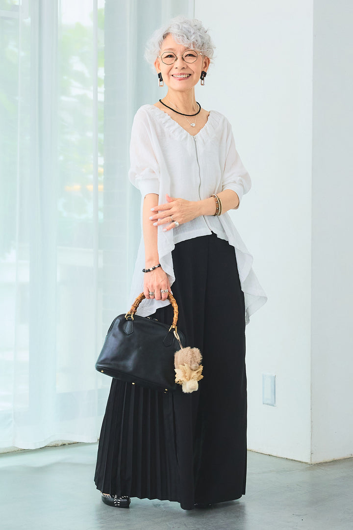 【SET】ギャザーネックロングテールZIPブラウス+サイドプリーツワイドパンツ(2set)