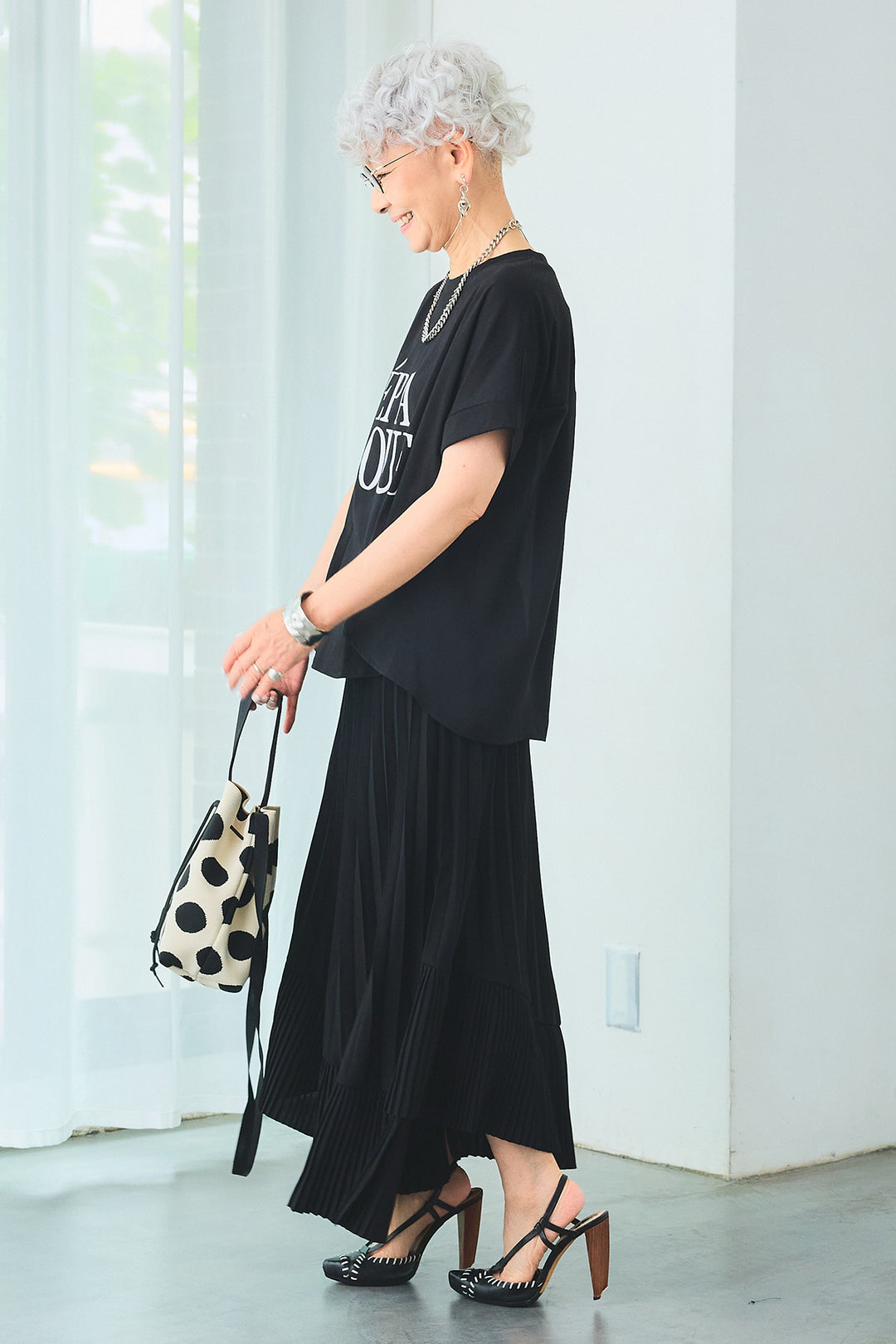 【SET】ÉPANOUEバックシフォンフレアロゴT+アシンメトリーラッフルプリーツスカート(2set)