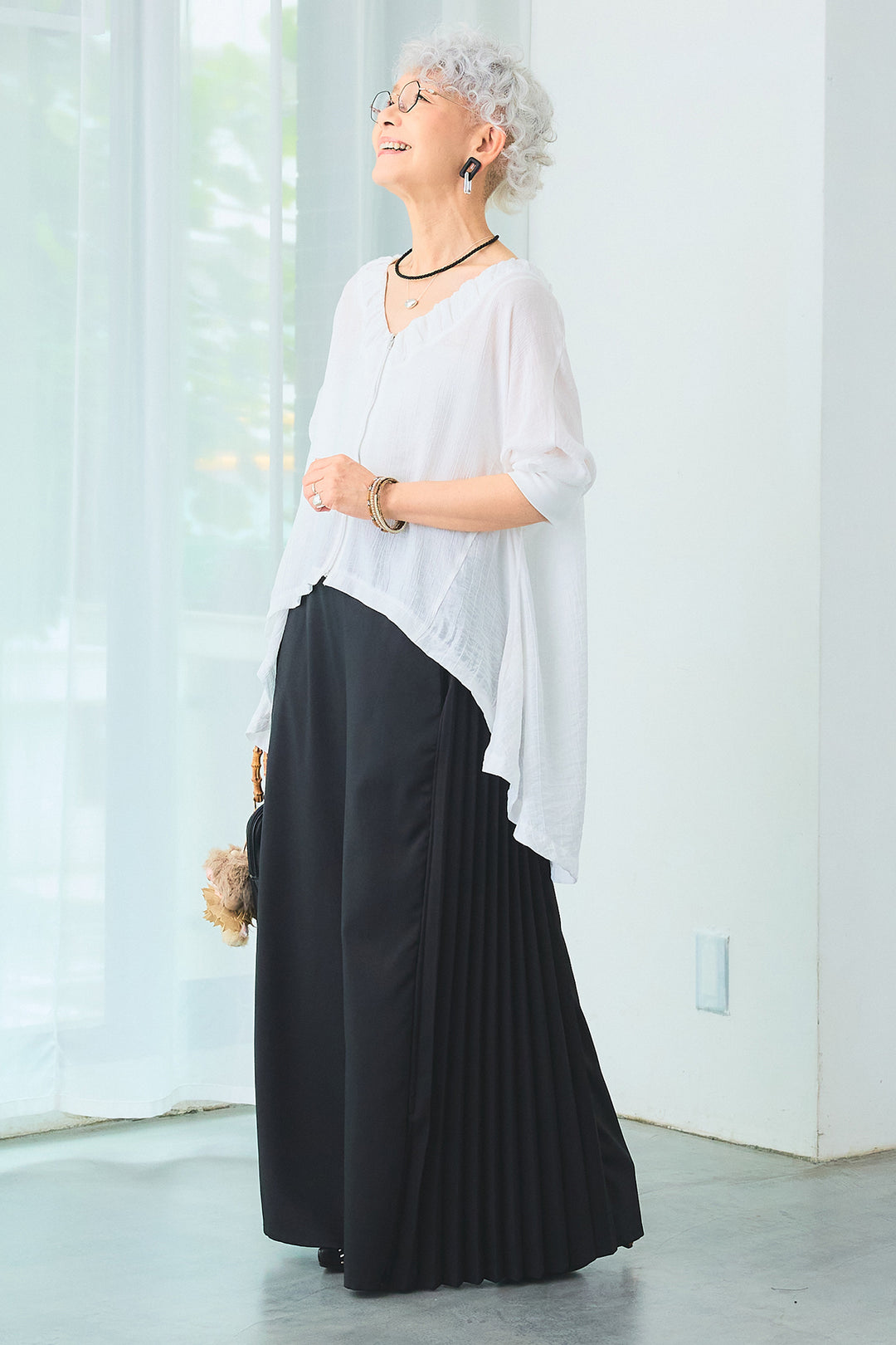 【SET】ギャザーネックロングテールZIPブラウス+サイドプリーツワイドパンツ(2set)