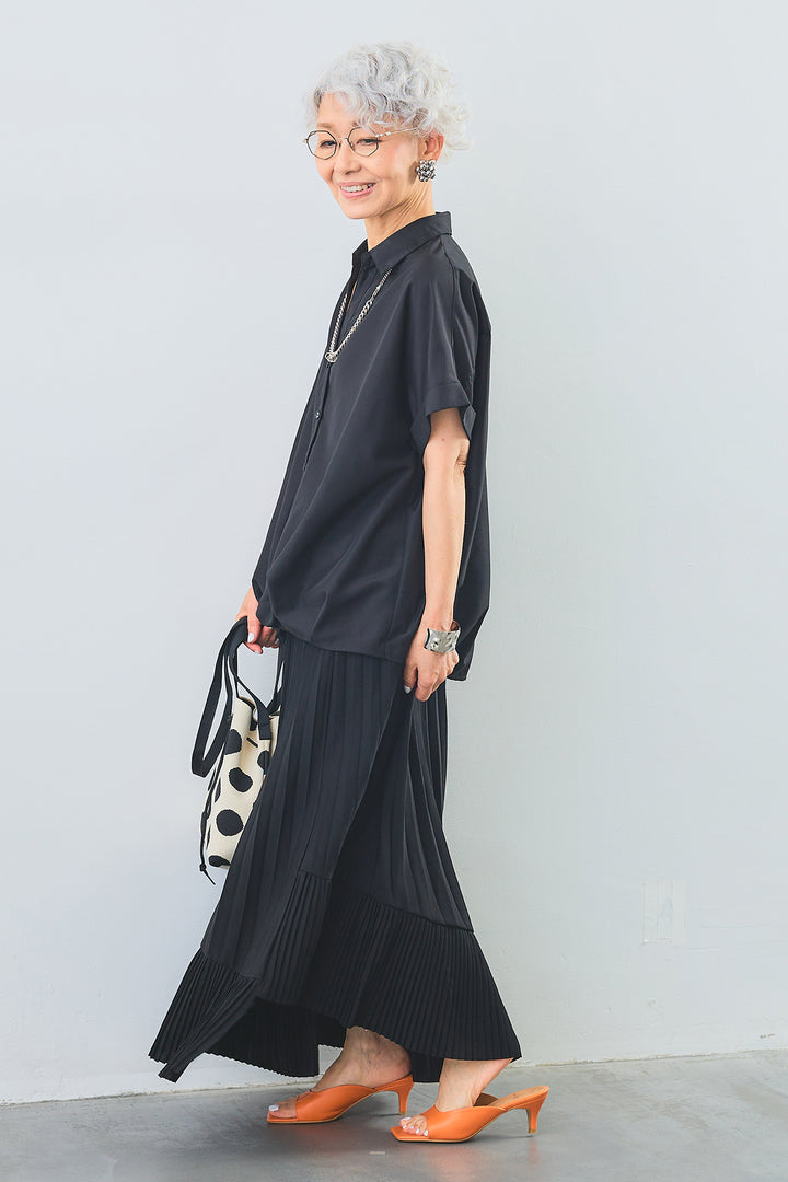 【SET】タックインデザインスキッパーシャツ+アシンメトリーラッフルプリーツスカート(2set)