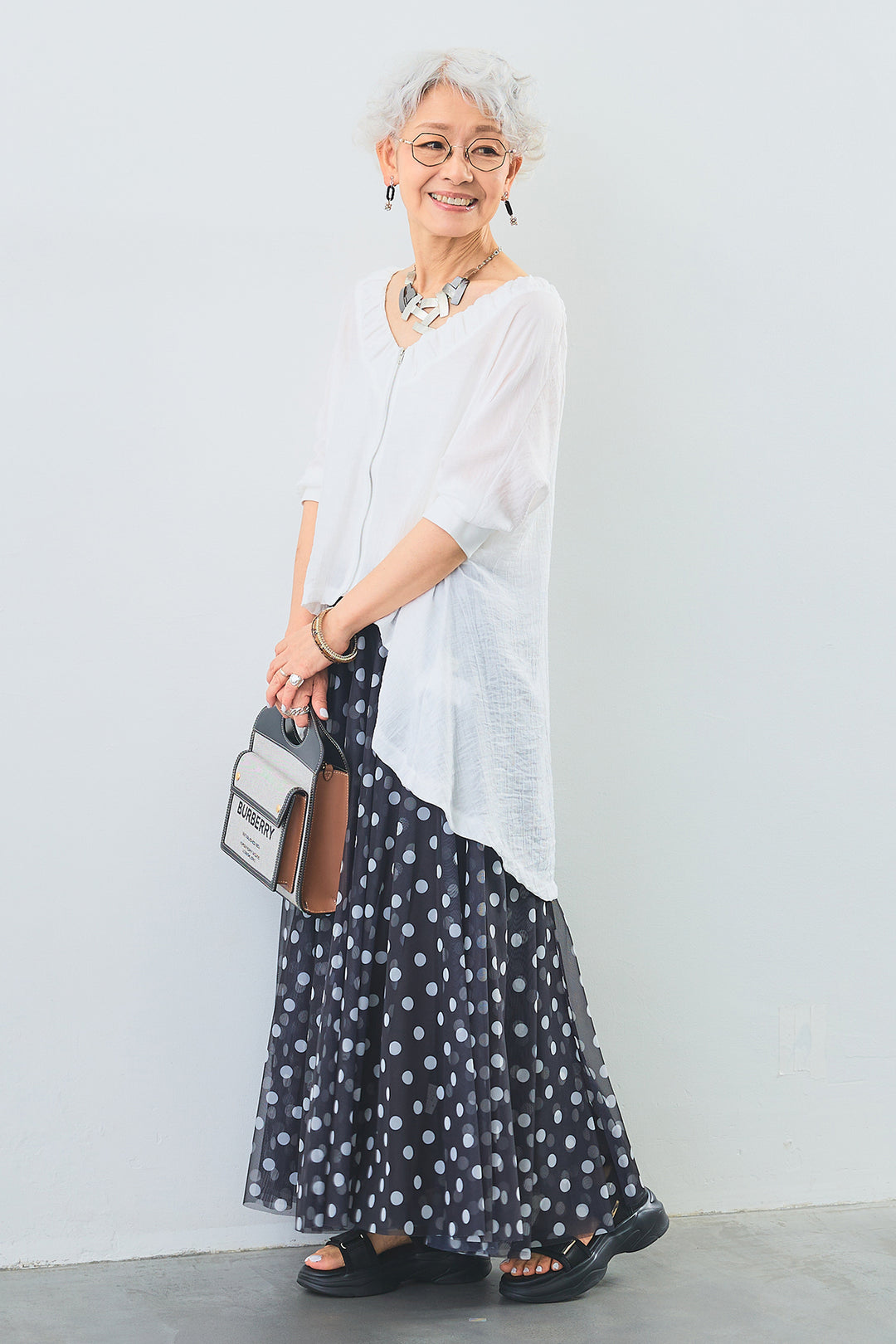 【SET】ギャザーネックロングテールZIPブラウス+ドットチュールフレアスカート(2set)