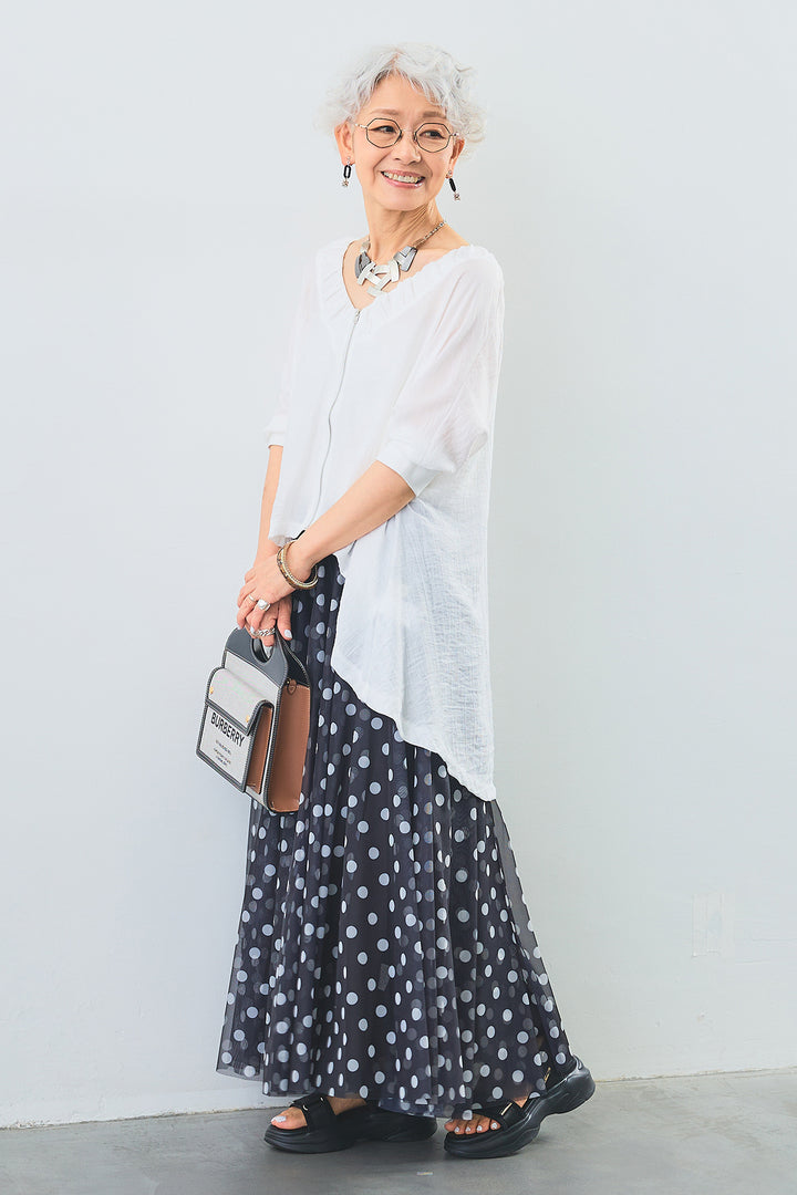 【SET】ギャザーネックロングテールZIPブラウス+ドットチュールフレアスカート(2set)