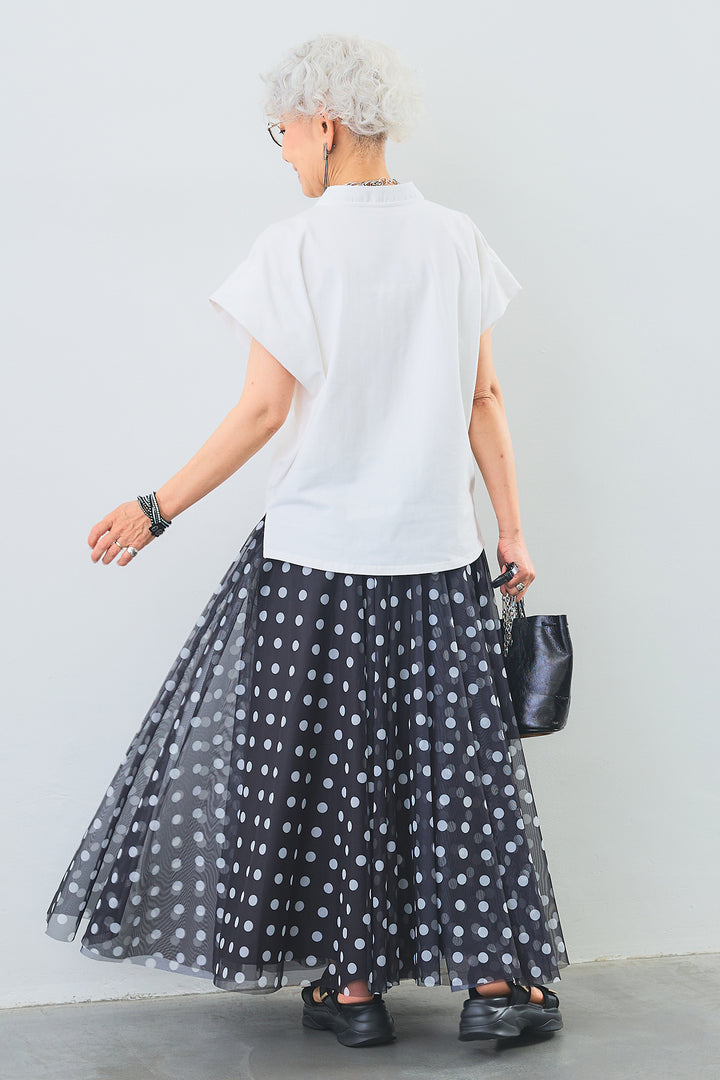 【SET】キーネックボックスシルエットT+ドットチュールフレアスカート(2set)
