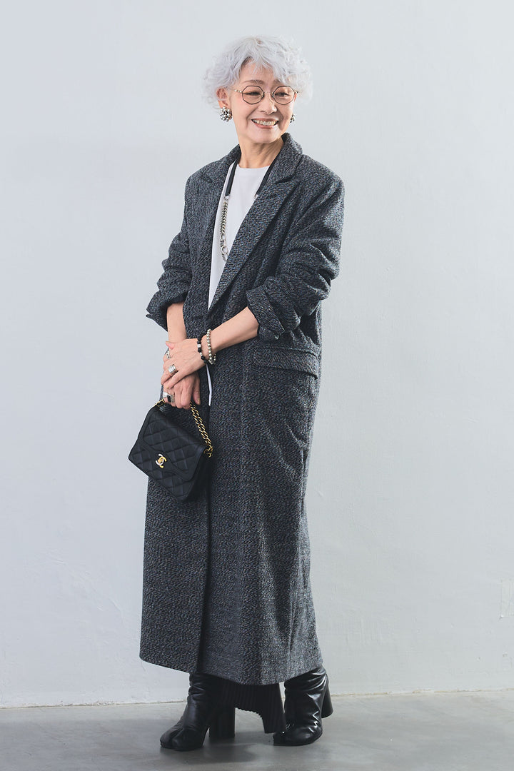 【SET】アシンメトリーロンT+ツイードロングチェスターコート+アシンメトリープリーツスカート(3set)