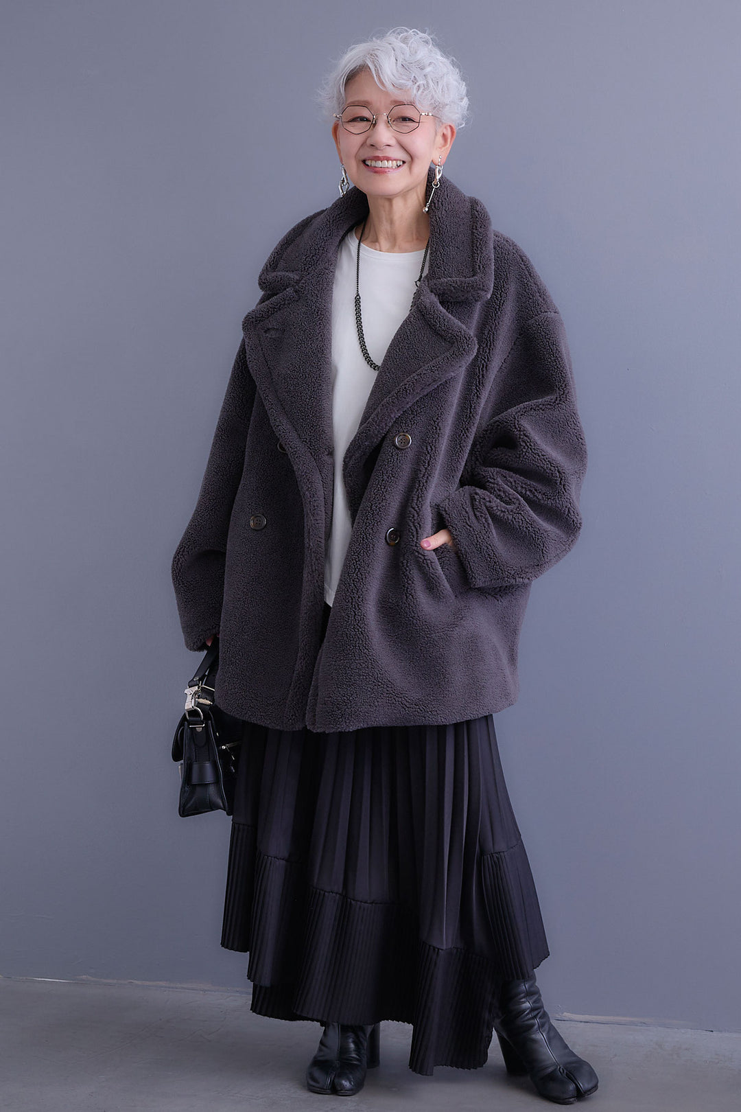 【SET】アシンメトリーロンT+テディボアミディコート+アシンメトリープリーツスカート(3set)
