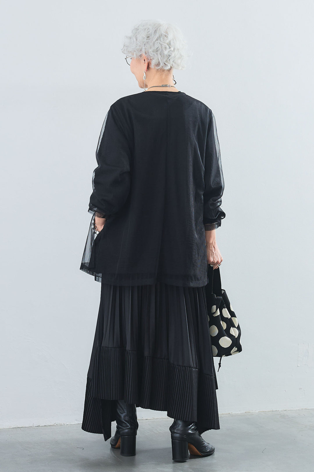 【SET】アシンメトリーロンT+チュールレイヤードノーカラージャケット+アシンメトリープリーツスカート(3set)
