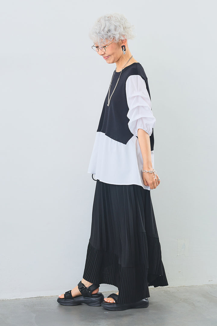 【SET】タックスリーブベストドッキングトップス+アシンメトリーラッフルプリーツスカート(2set)