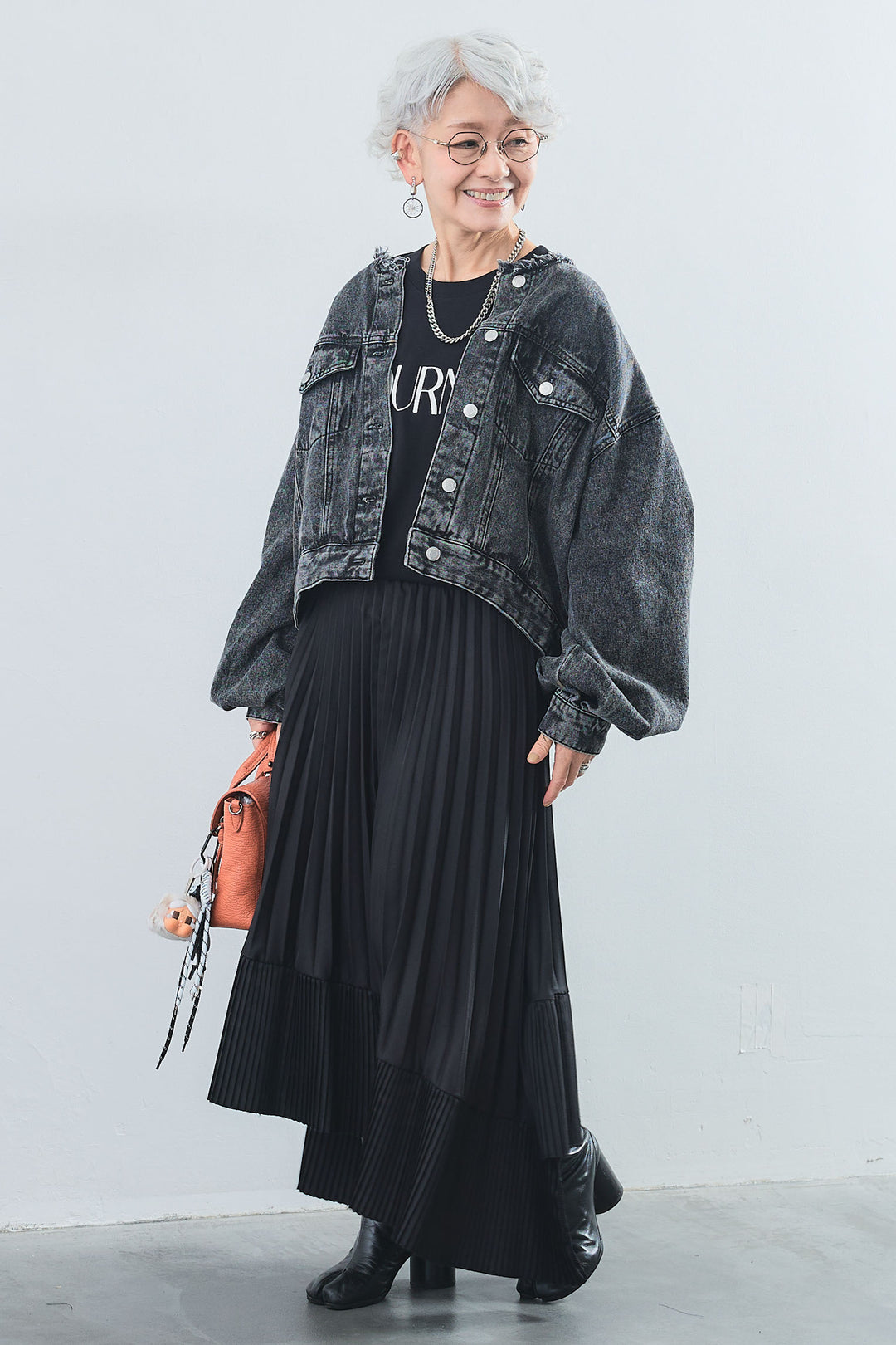 【SET】"JOURNÉE"フロッキーロゴフレンチスリーブT+ボリュームスリーブノーカラーデニムジャケット+アシンメトリープリーツスカート(3set)