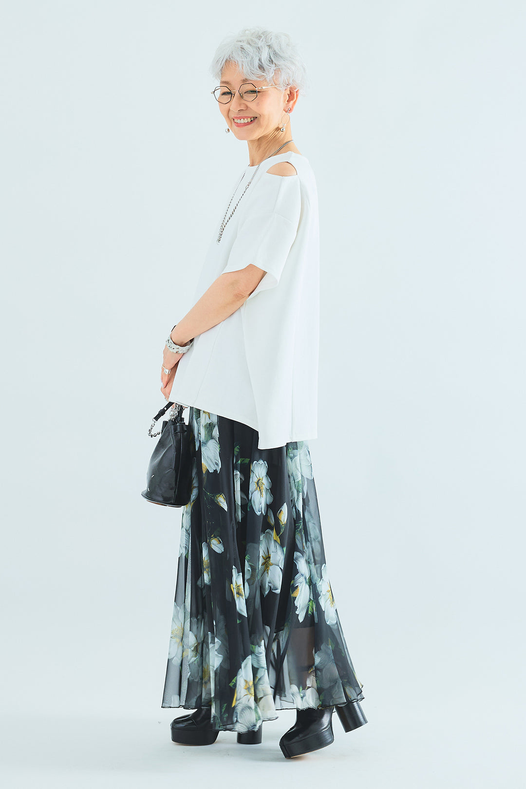 【SET】カッティングショルダーオーバートップス+ウォーターカラーシアーフラワースカート(2set)