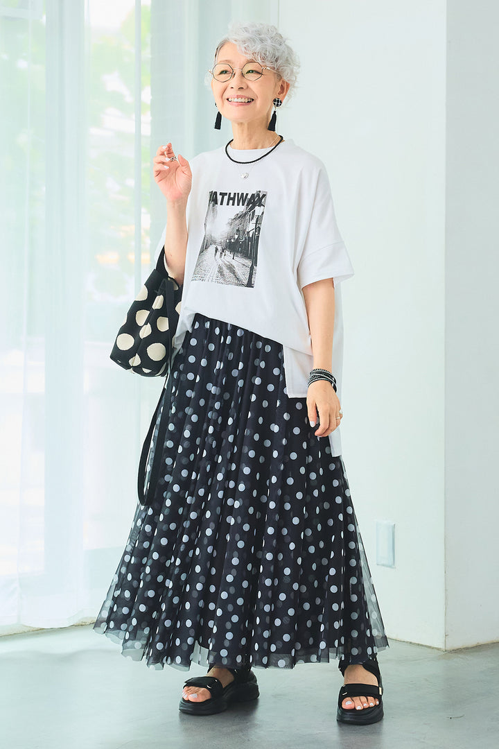 【SET】PATHWAYPhotoオーバースリットT+ドットチュールフレアスカート(2set)
