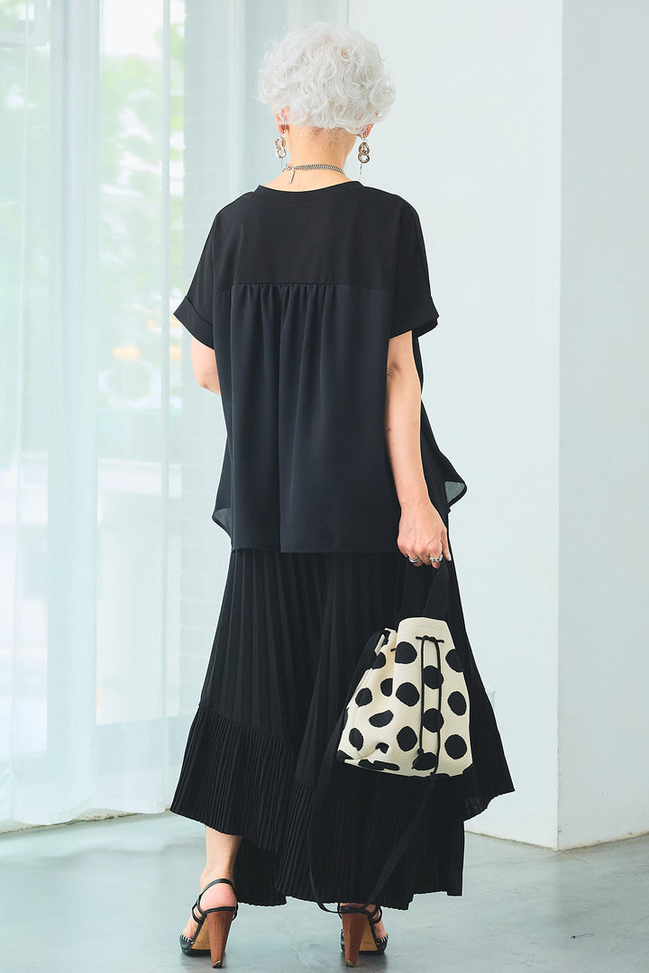【SET】ÉPANOUEバックシフォンフレアロゴT+アシンメトリーラッフルプリーツスカート(2set)