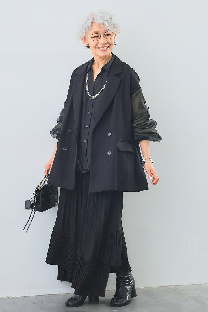 【SET】タックインデザインスキッパーシャツ+チュールレイヤードMA-1ジャケット+アシンメトリーラッフルプリーツスカート(3set)