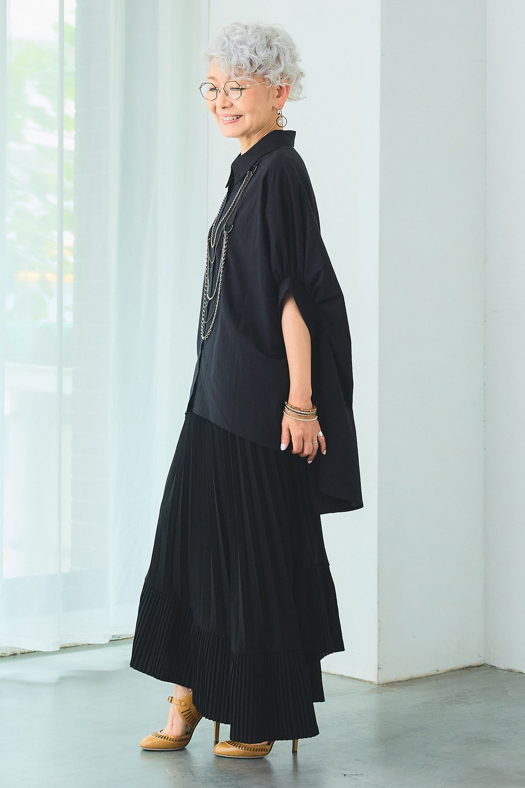 【SET】ドロップスリーブバックロングオーバーシャツ+アシンメトリーラッフルプリーツスカート(2set)