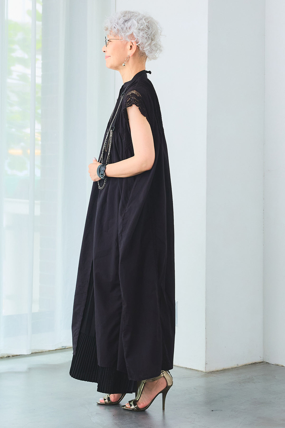 【SET】ショルダーレースピンタックシャツワンピース+アシンメトリーラッフルプリーツスカート(2set)