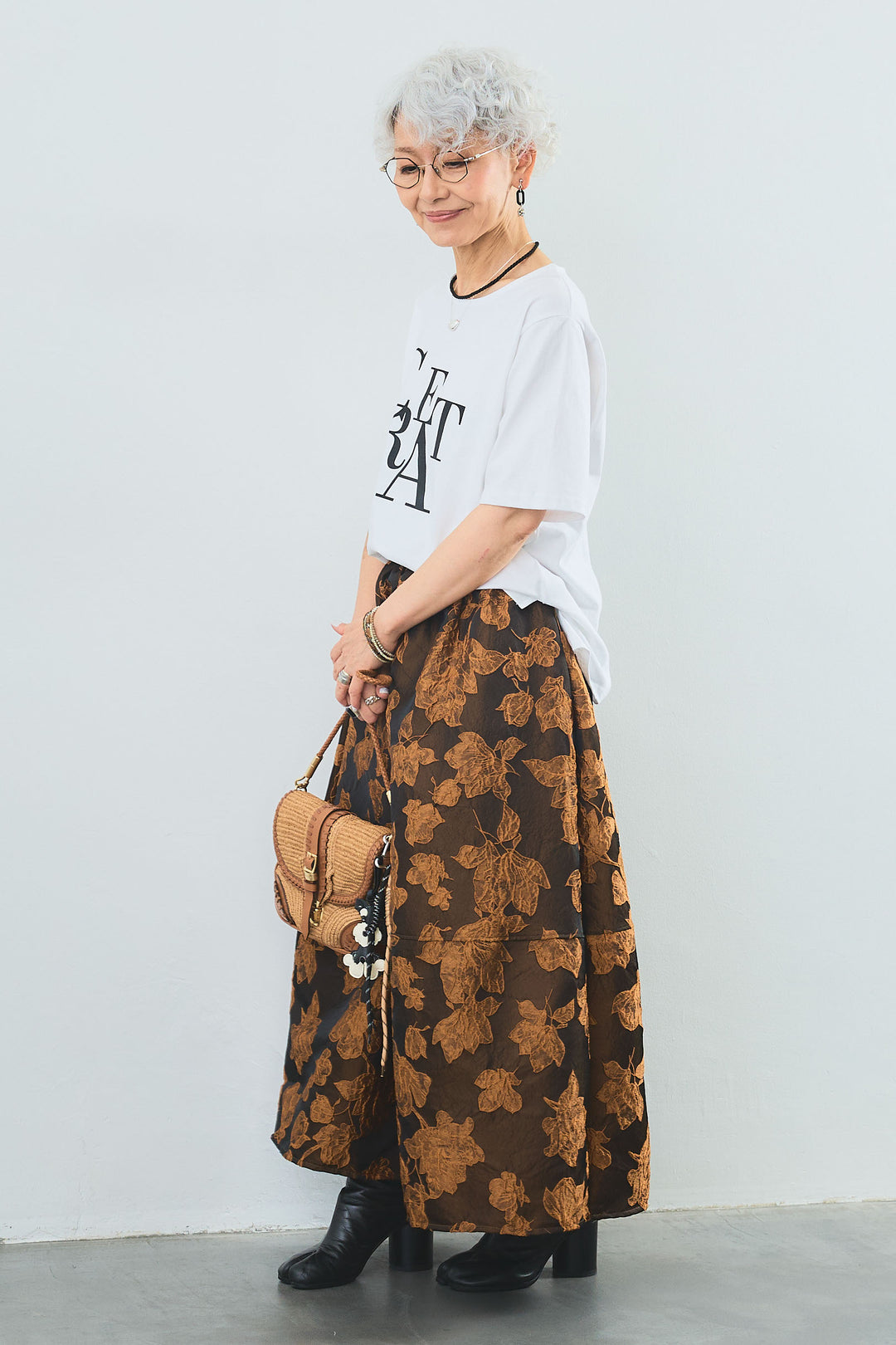 【SET】"CREAT"オーバースリットT+ジャガードフラワースカート(2set)