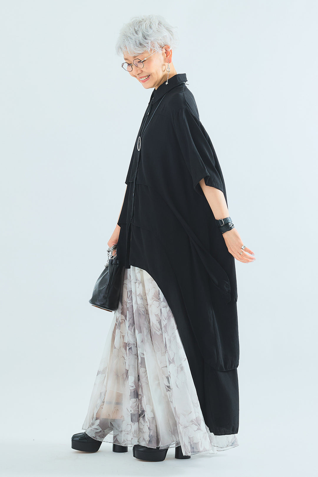 【SET】ティアードバックロングシャツ+ウォーターカラーシアーフラワースカート(2set)