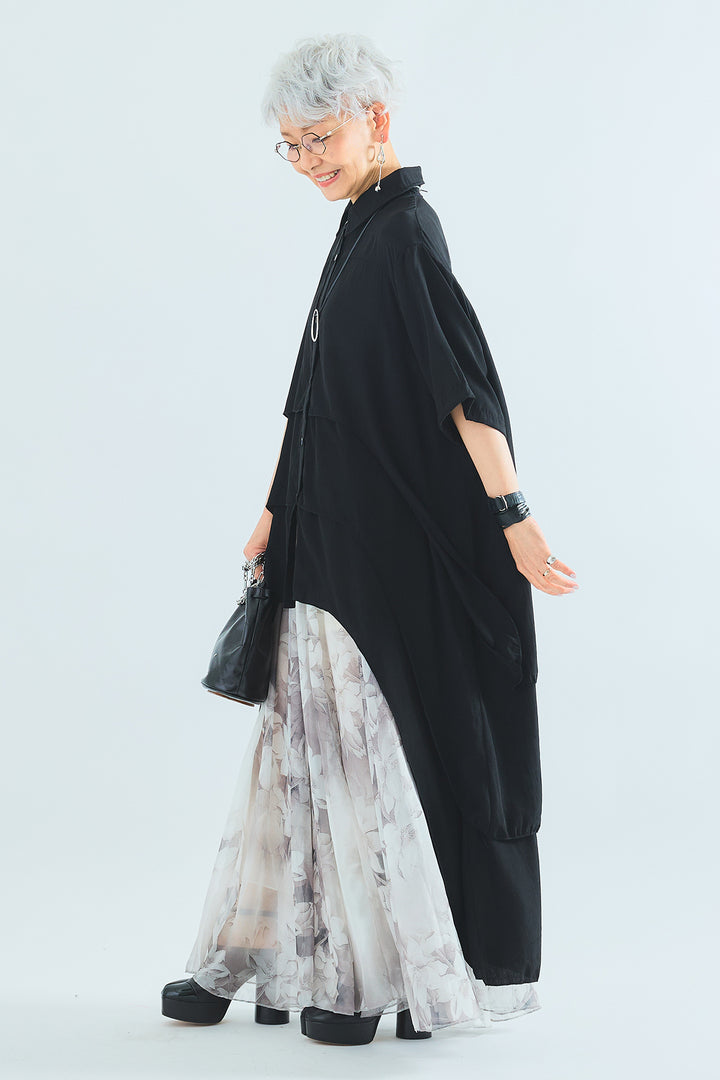 【SET】ティアードバックロングシャツ+ウォーターカラーシアーフラワースカート(2set)