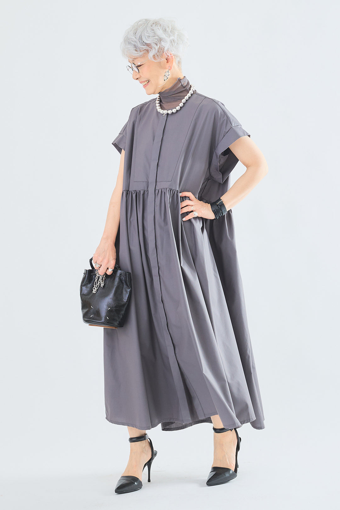 【SET】シアーハイネックノースリトップス+オーバーフレンチスリーブギャザーシャツワンピース(2set)