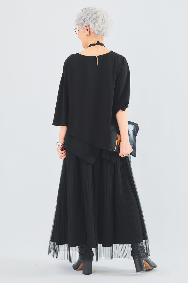 【SET】ジョーゼットシフォンケープアシンメトリーブラウス+シアーチュールプリーツスカート(2set)