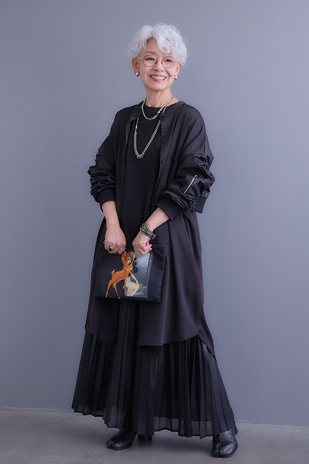 【SET】アシンメトリーロンT+MA-1ドッキングデザインロングシャツ+レザーライクプリーツスカート(3set)