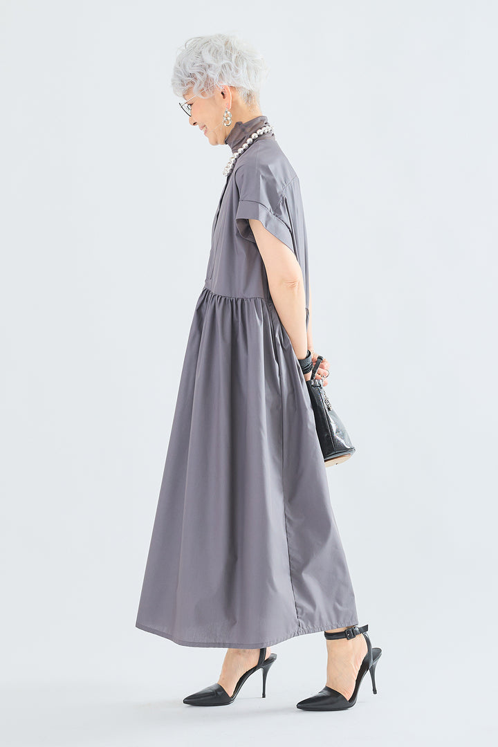 【SET】シアーハイネックノースリトップス+オーバーフレンチスリーブギャザーシャツワンピース(2set)