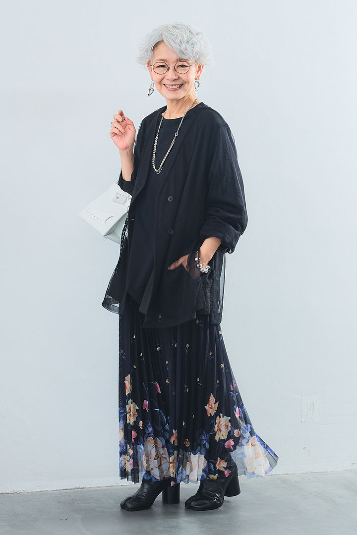 【SET】アシンメトリーロンT+チュールレイヤードノーカラージャケット+シアーフラワープリーツスカート(3set)