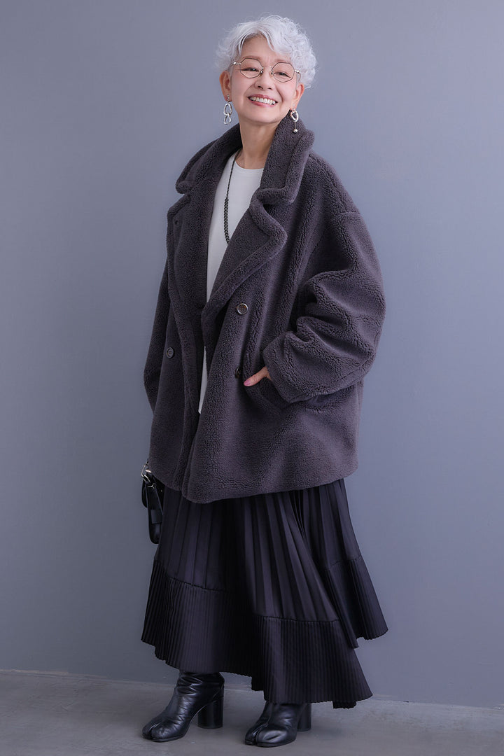 【SET】アシンメトリーロンT+テディボアミディコート+アシンメトリープリーツスカート(3set)