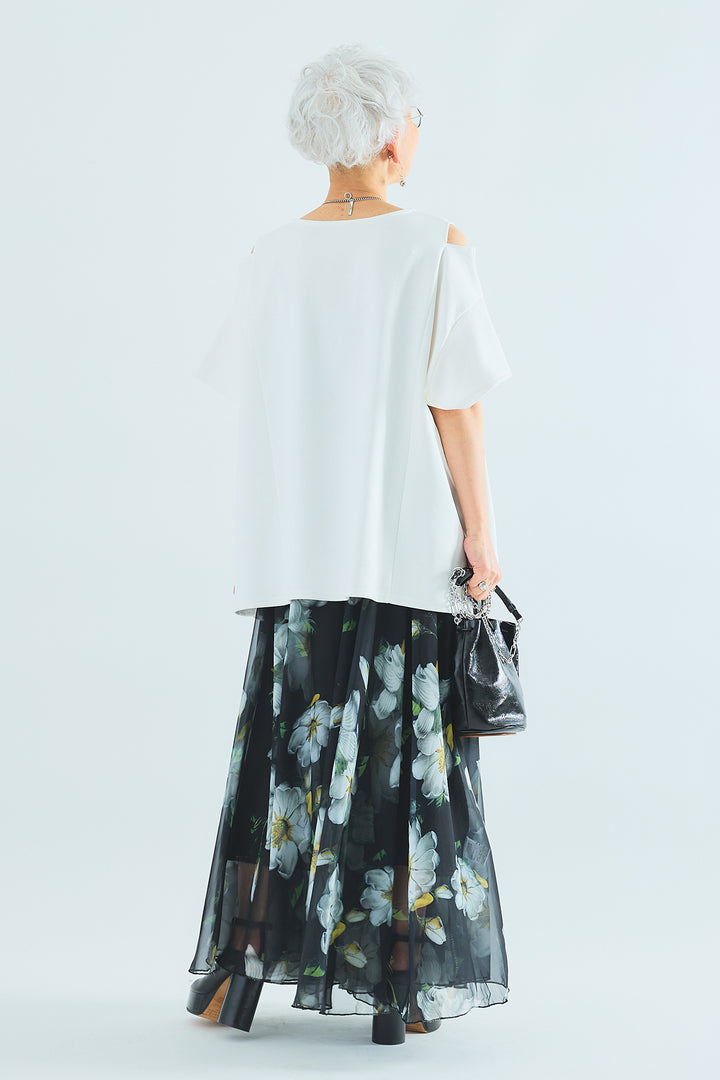 【SET】カッティングショルダーオーバートップス+ウォーターカラーシアーフラワースカート(2set)