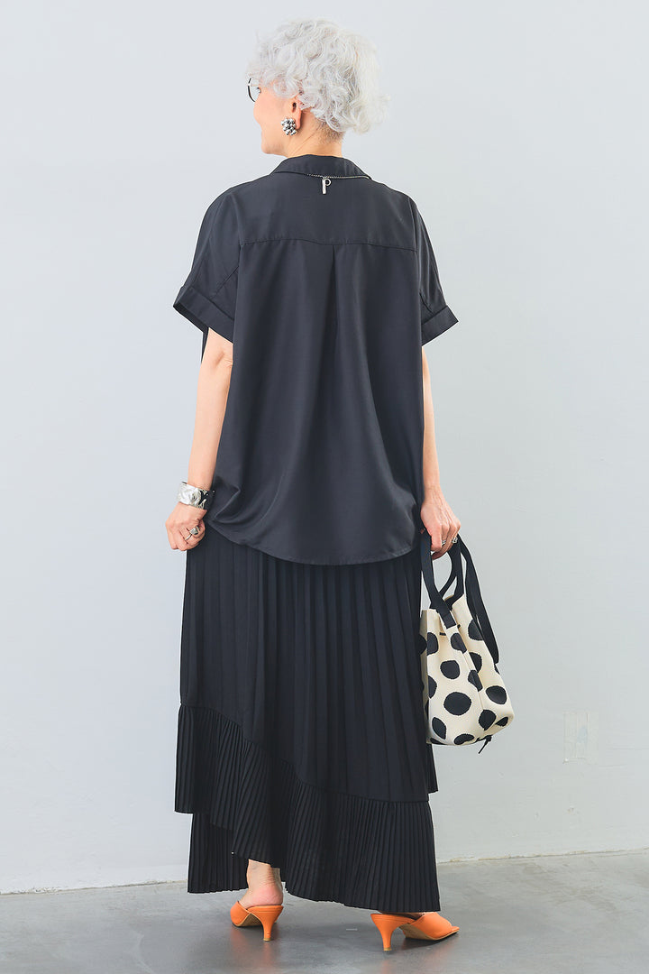 【SET】タックインデザインスキッパーシャツ+アシンメトリーラッフルプリーツスカート(2set)