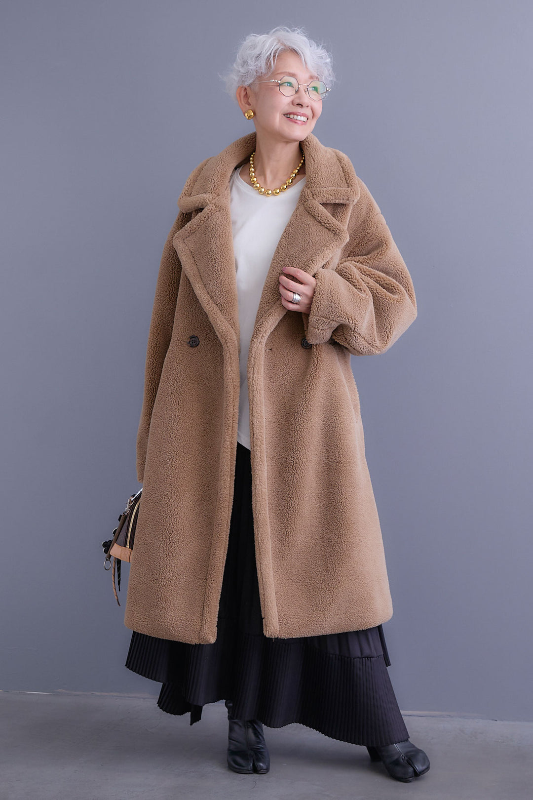 【SET】アシンメトリーロンT+テディボアロングコート+アシンメトリープリーツスカート(3set)