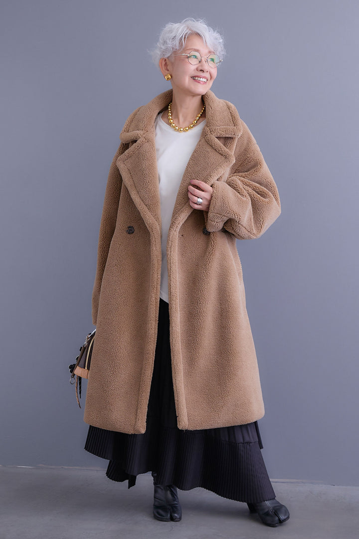 【SET】アシンメトリーロンT+テディボアロングコート+アシンメトリープリーツスカート(3set)