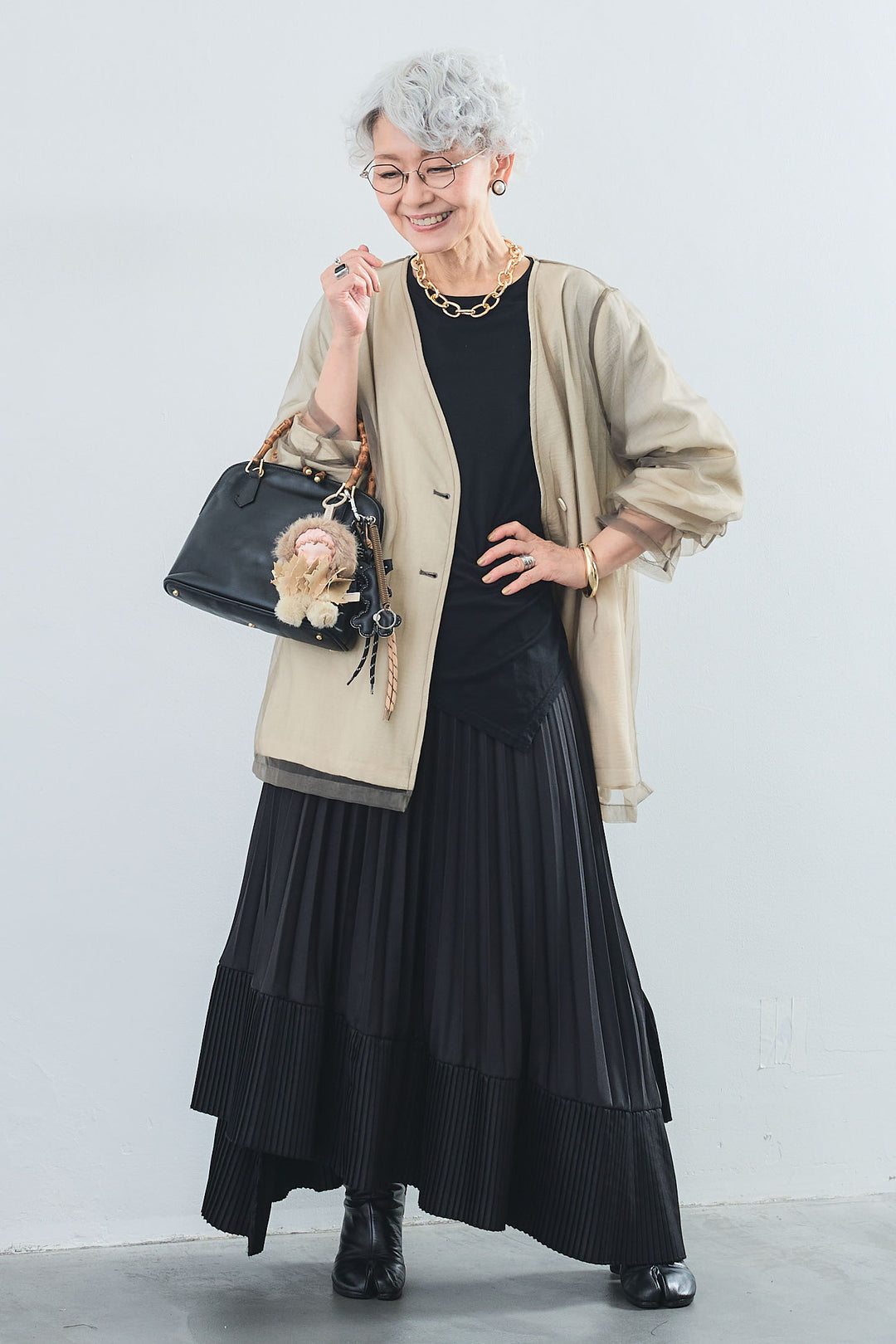 【SET】アシンメトリーロンT+チュールレイヤードノーカラージャケット+アシンメトリープリーツスカート(3set)