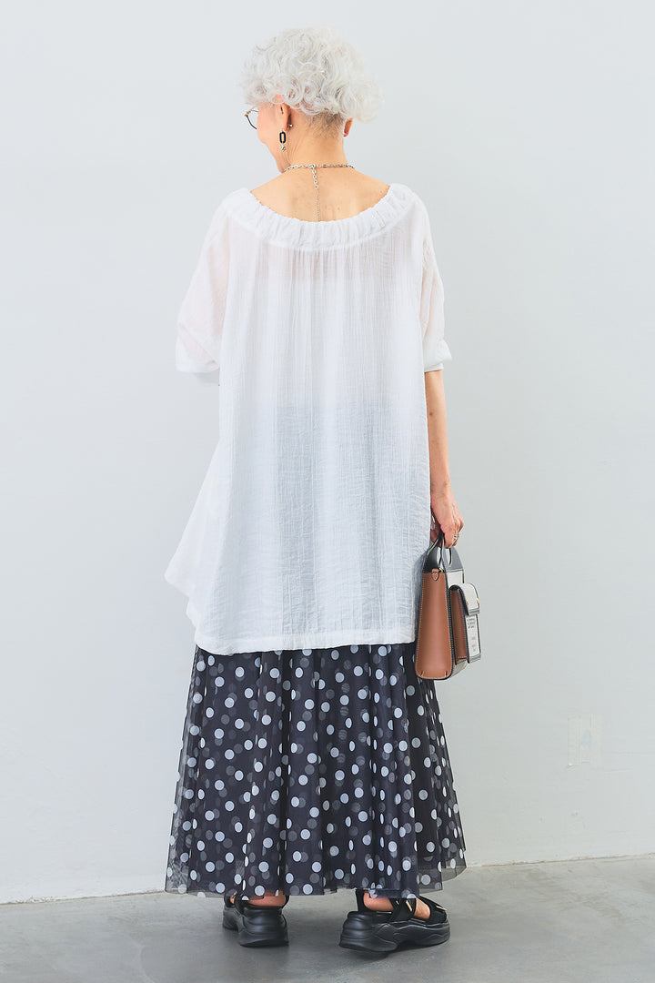 【SET】ギャザーネックロングテールZIPブラウス+ドットチュールフレアスカート(2set)