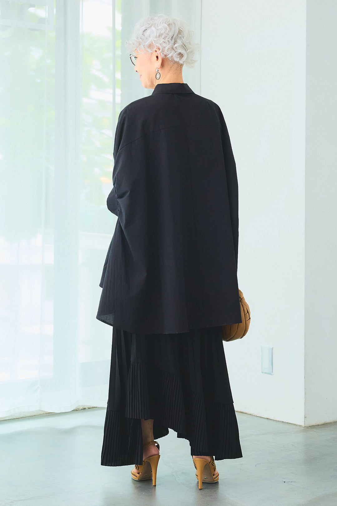 【SET】ドロップスリーブバックロングオーバーシャツ+アシンメトリーラッフルプリーツスカート(2set)