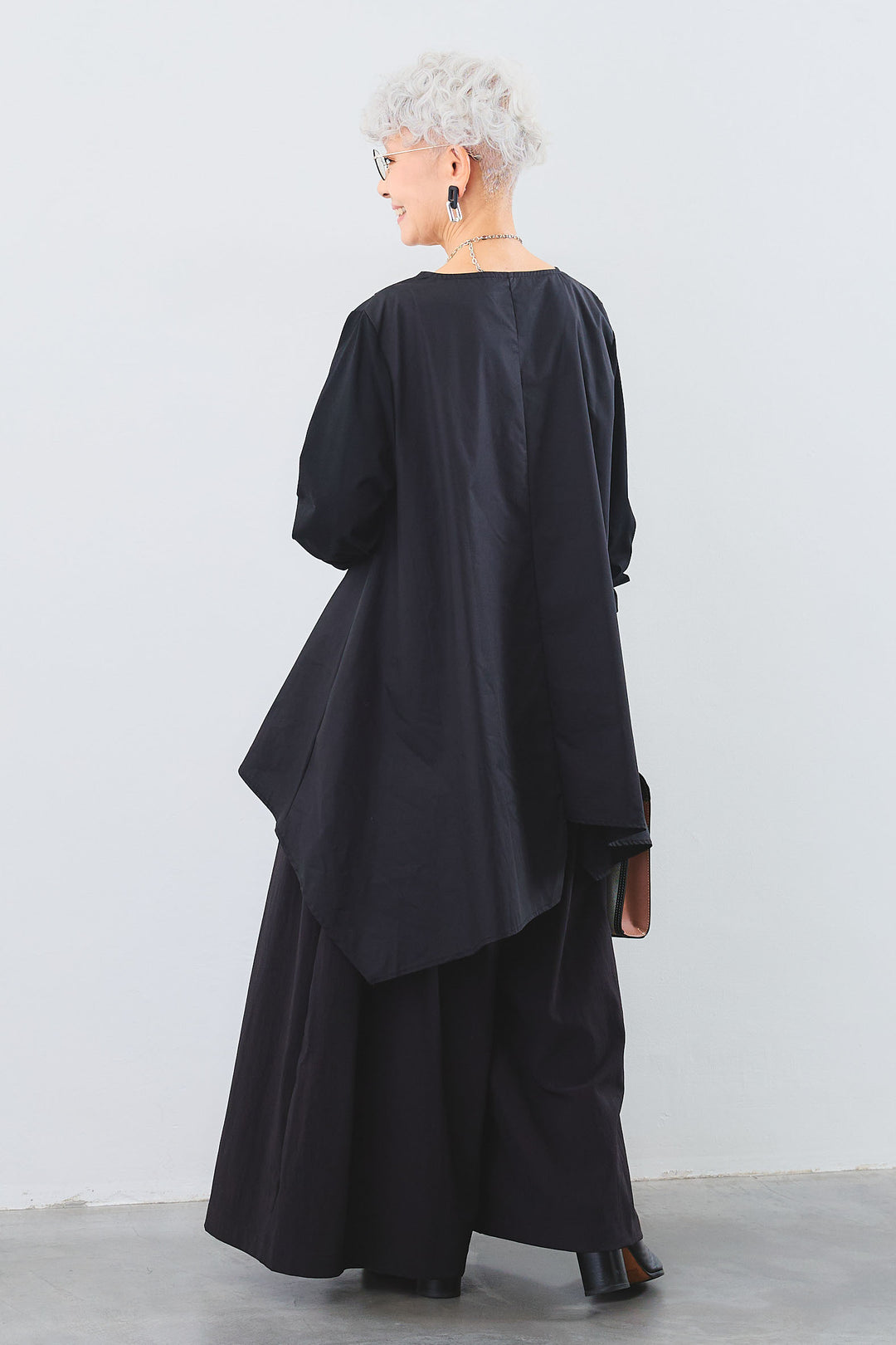 【SET】Vネックカラーアシンメトリーチュニックシャツ+ワイドロングボリュームパンツ(2set)