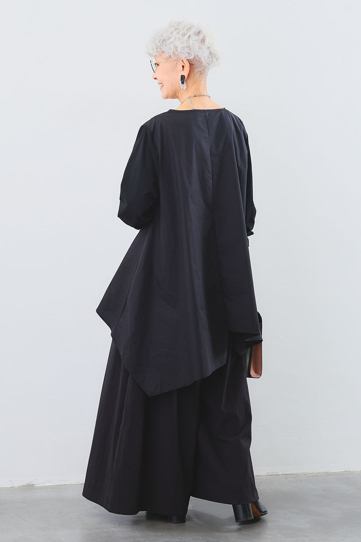 【SET】Vネックカラーアシンメトリーチュニックシャツ+ワイドロングボリュームパンツ(2set)