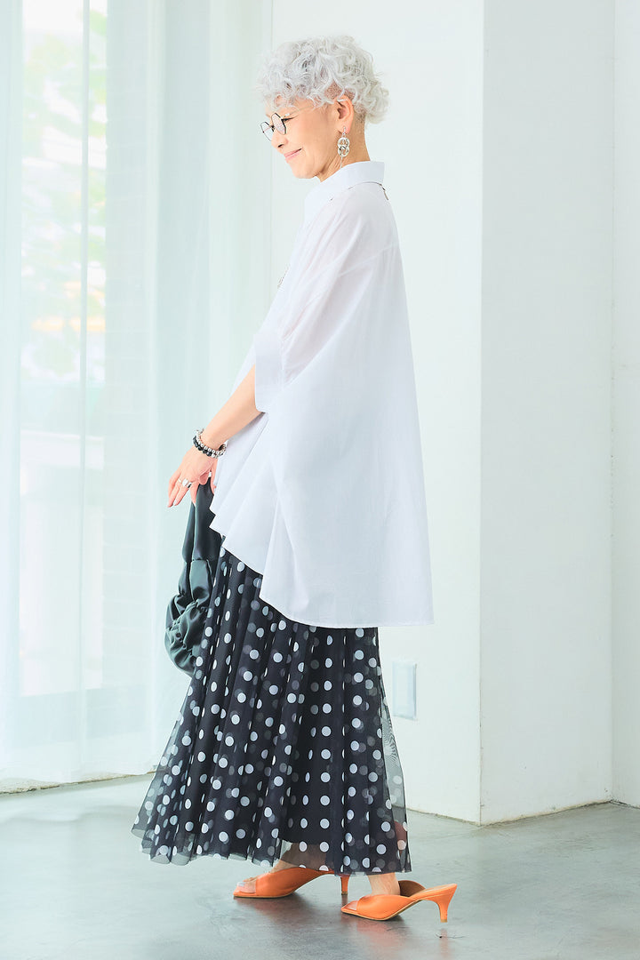 【SET】ドロップスリーブバックロングオーバーシャツ+ドットチュールフレアスカート(2set)