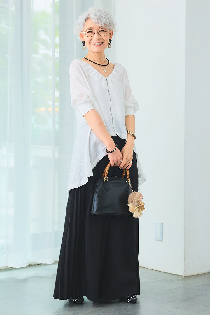 【SET】ギャザーネックロングテールZIPブラウス+サイドプリーツワイドパンツ(2set)