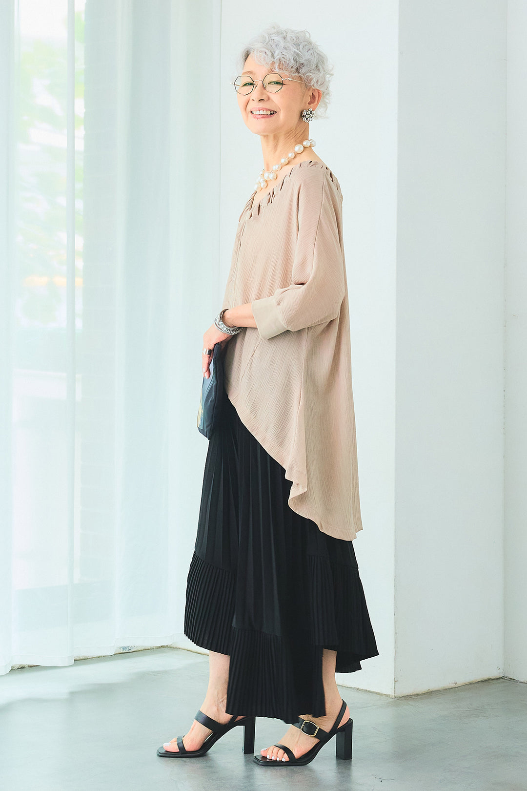 【SET】ギャザーネックロングテールZIPブラウス+アシンメトリーラッフルプリーツスカート(2set)