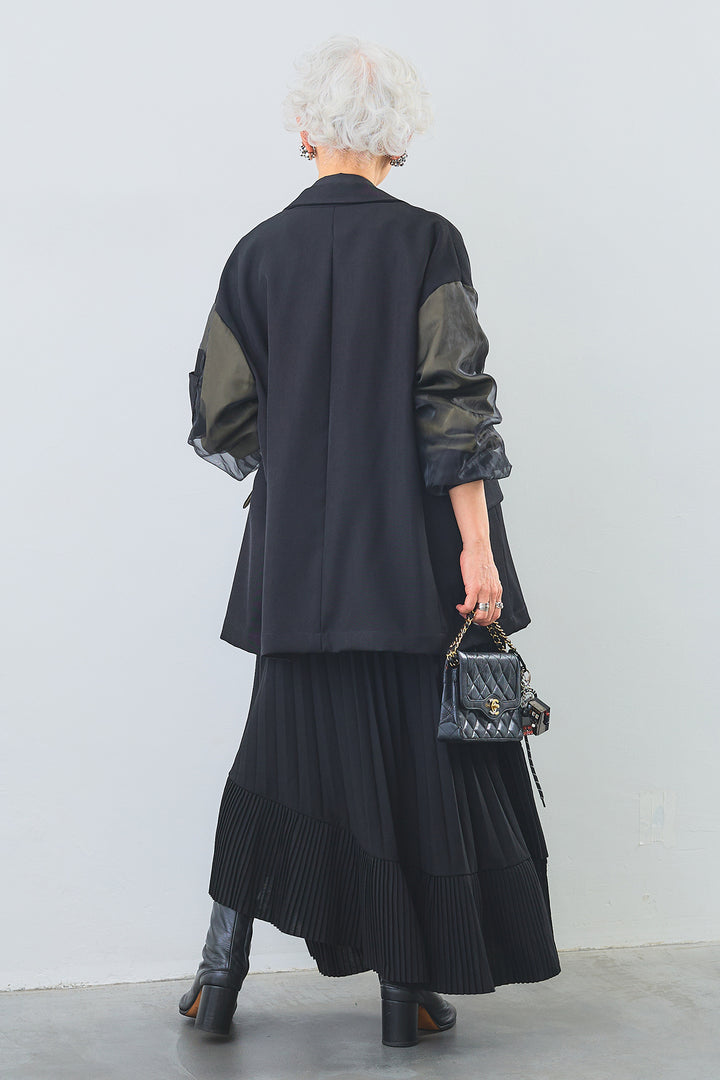 【SET】タックインデザインスキッパーシャツ+チュールレイヤードMA-1ジャケット+アシンメトリーラッフルプリーツスカート(3set)