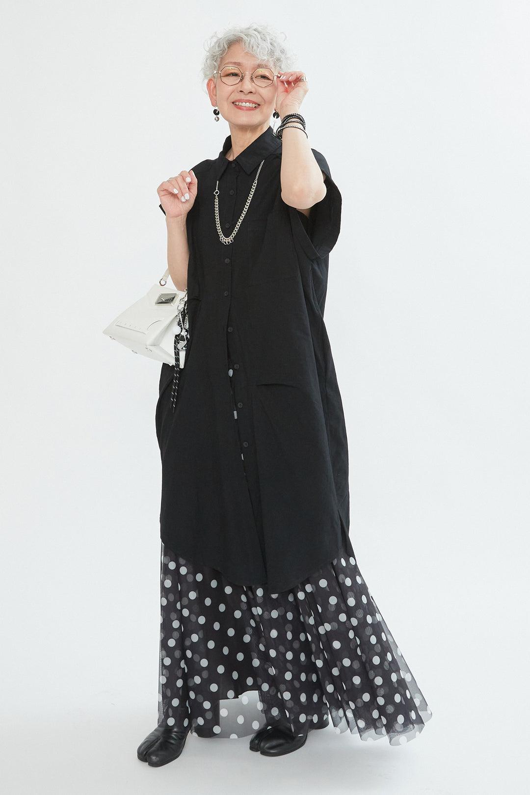 【SET】タックアシンメトリーロングシャツ+ドットチュールフレアスカート(2set)