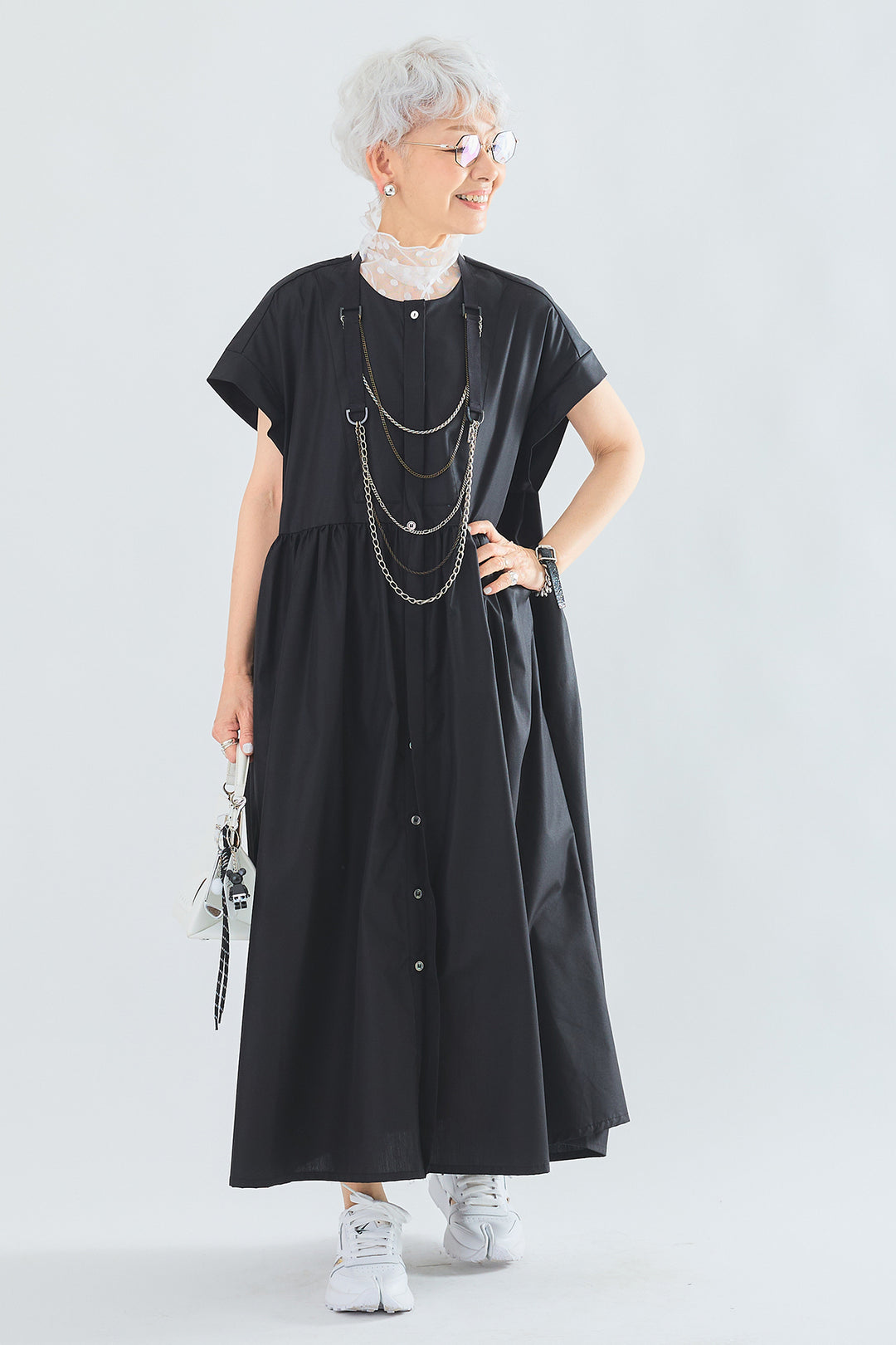 【SET】ドットシアーハイネックノースリトップス+オーバーフレンチスリーブギャザーシャツワンピース(2set)