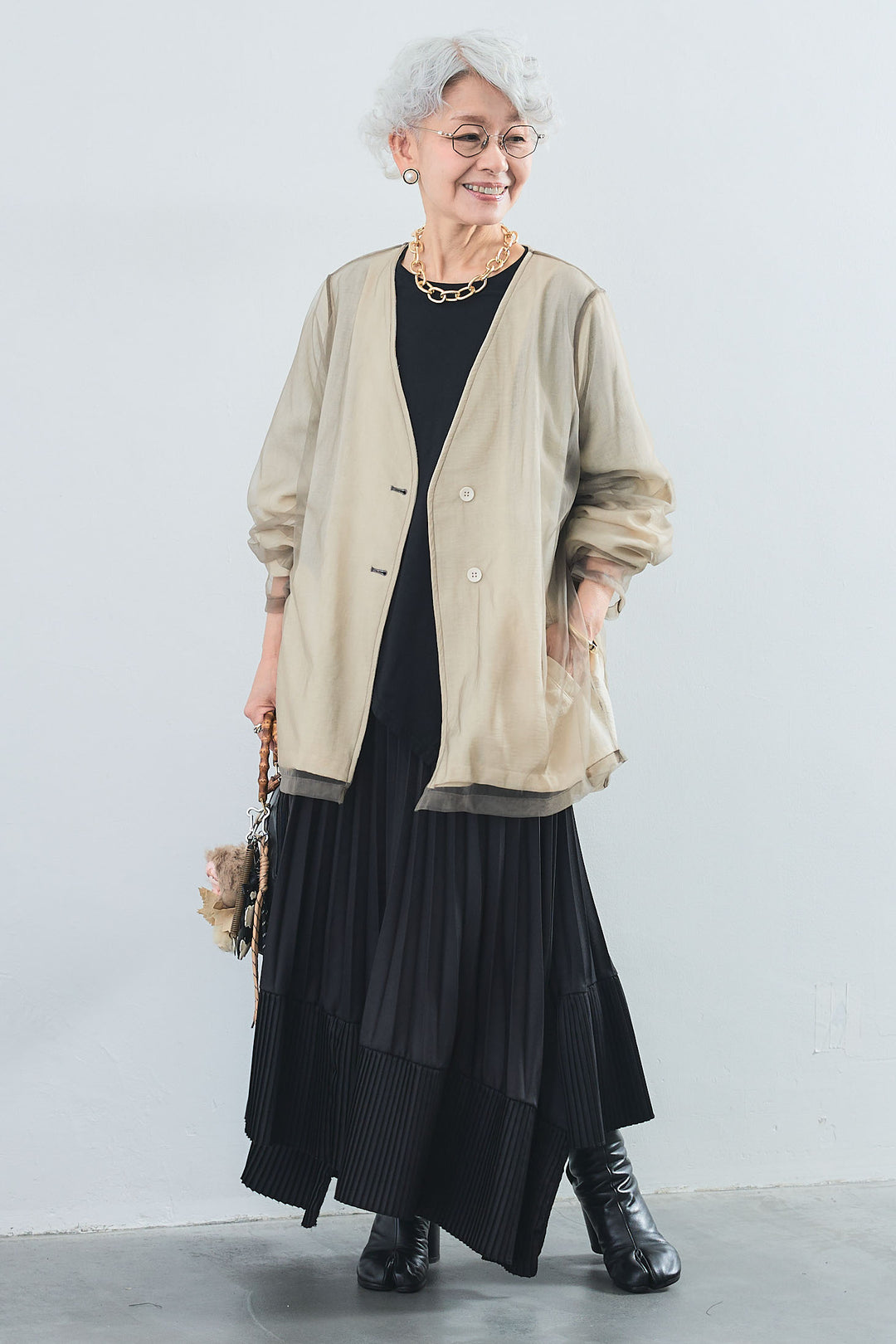 【SET】アシンメトリーロンT+チュールレイヤードノーカラージャケット+アシンメトリープリーツスカート(3set)